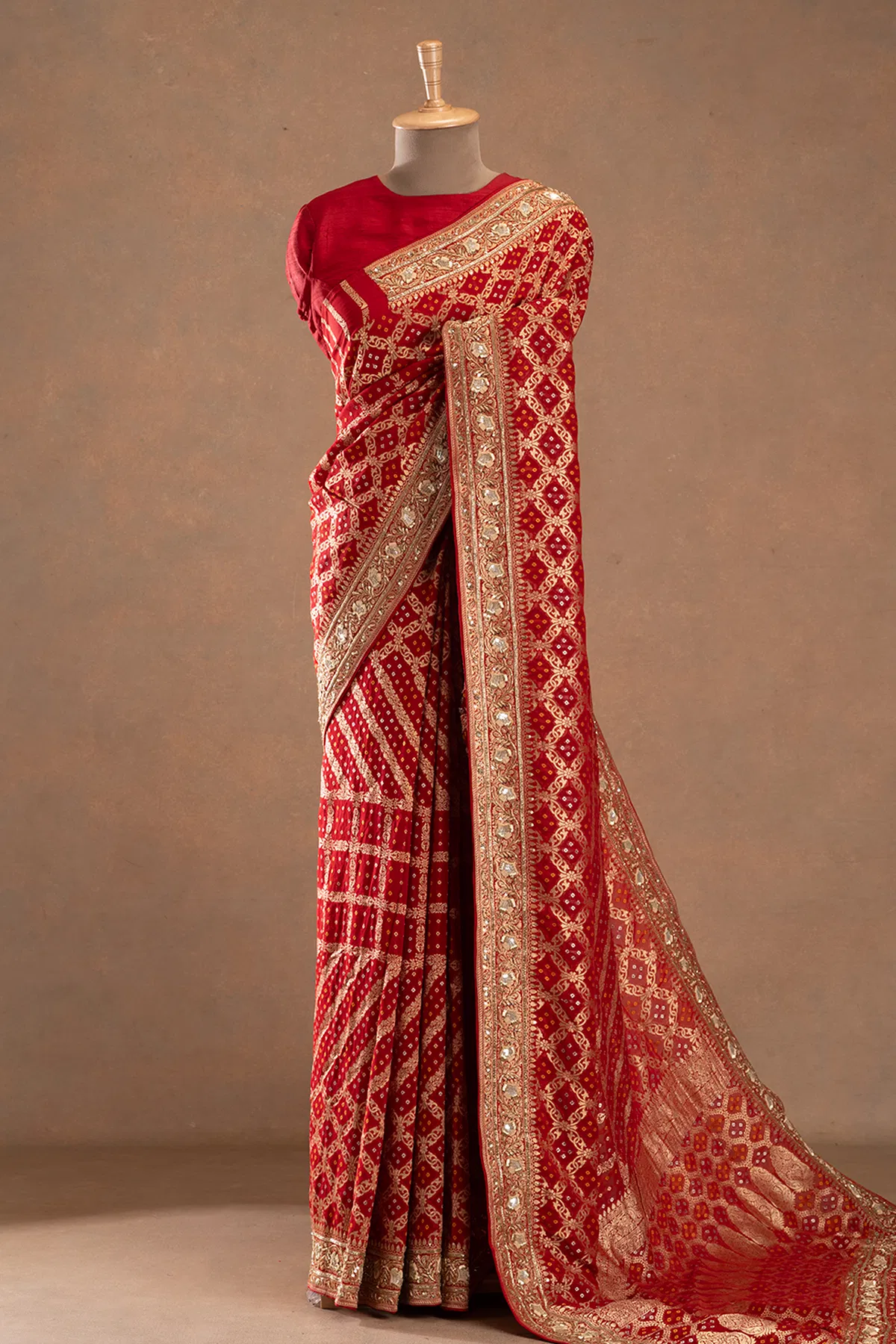Red bandhani printed georgette designer saree